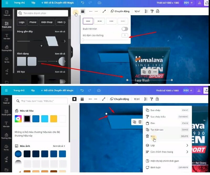 Tiếp theo bấm thêm đường kẻ vào thiết kế > Thực hiện điều chỉnh độ đậm của đường > Đổi màu đường kẻ > Di chuyển đến vị trí trên, bấm lùi về sau 1 lớp. Bấm tạo bản sao, di chuyển lên đây, và bấm lùi về sau 1 lớp.