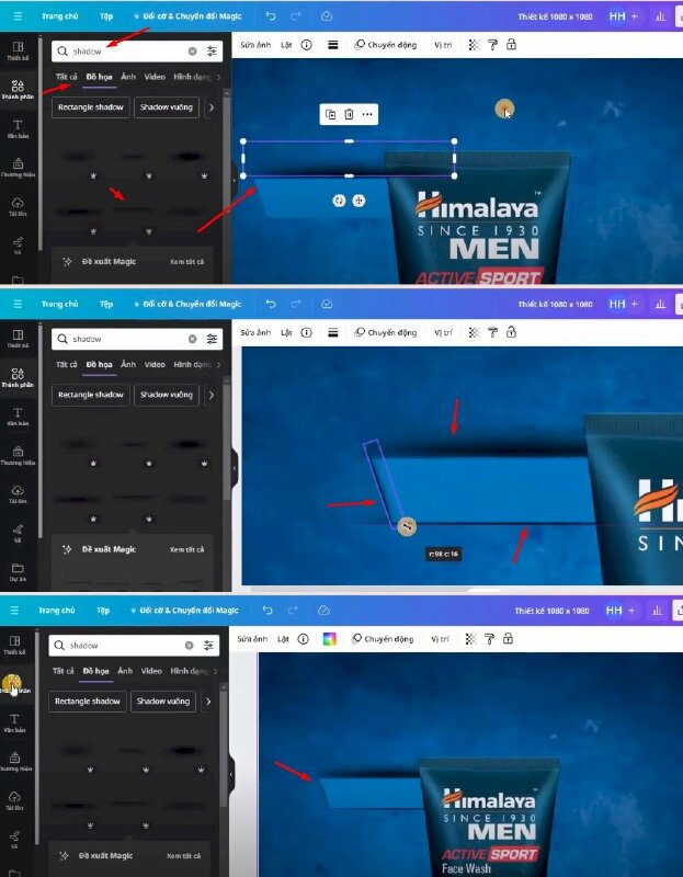 Sau đó hãy vào thành phần > bấm tìm kiếm từ khóa "shadow" > Bấm qua mục Đồ họa > Chọn mẫu "border shadow horizontal" để thêm vào thiết kế > Kéo điều chỉnh kích thước, di chuyển đến vị trí này, và thực hiện như hình dưới đây.