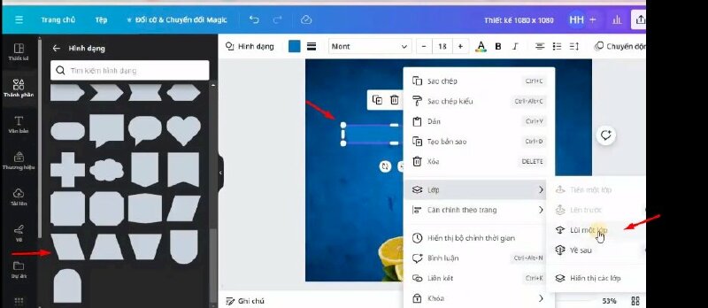 Bước 9: Tiếp theo hãy vào mục Thành phần > bấm vào Hình dạng > Bấm chọn hình để thêm vào thiết kế > Kéo điều chỉnh > bấm lùi về sau.