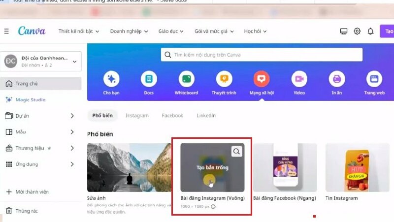 Bước 1: Tại trang chủ Canva bạn hãy bấm vào Mạng xã hội > chọn Bài đăng Instagram. 