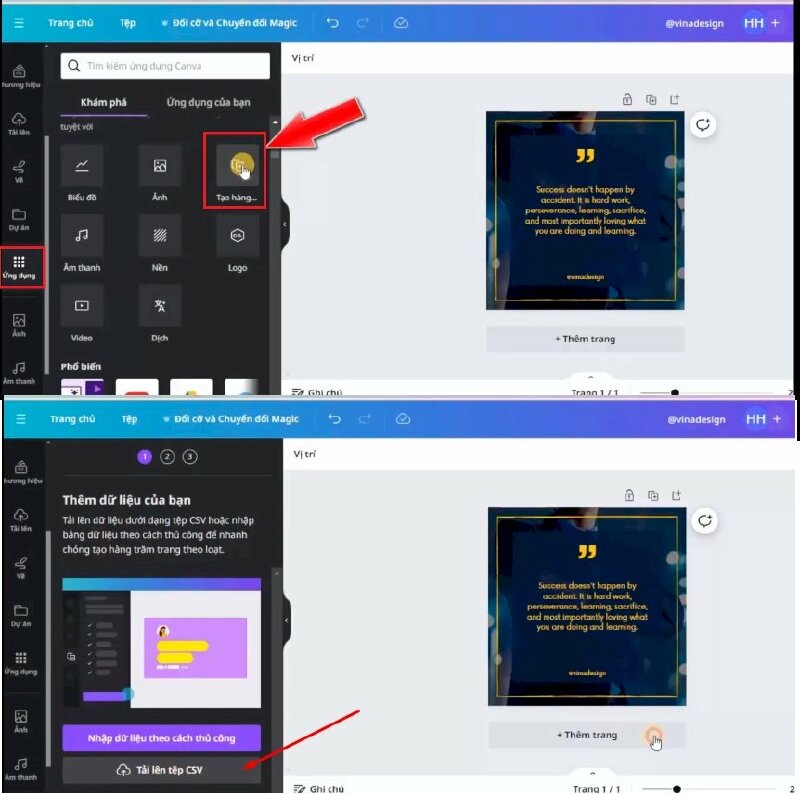 Bước 3: Tiếp đến mình sẽ tiến hành tạo hàng loạt các câu trích dẫn bằng cách bấm vào Ứng dụng > Chọn Tạo hàng loạt > Bấm vào Tải lên tệp CSV để tải tệp. 