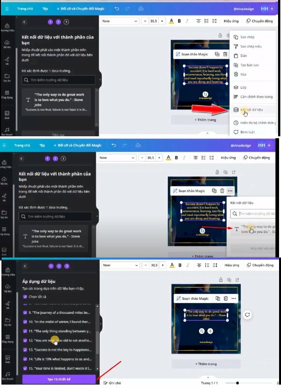 Bước 4: Như vậy dữ liệu của bạn đã được tải lên > để kết nối dữ liệu hãy bấm vào phần văn bản > bấm vào Thêm > chọn Kết nối dữ liệu > Bấm Tiếp tục > Tạo thiết kế. 