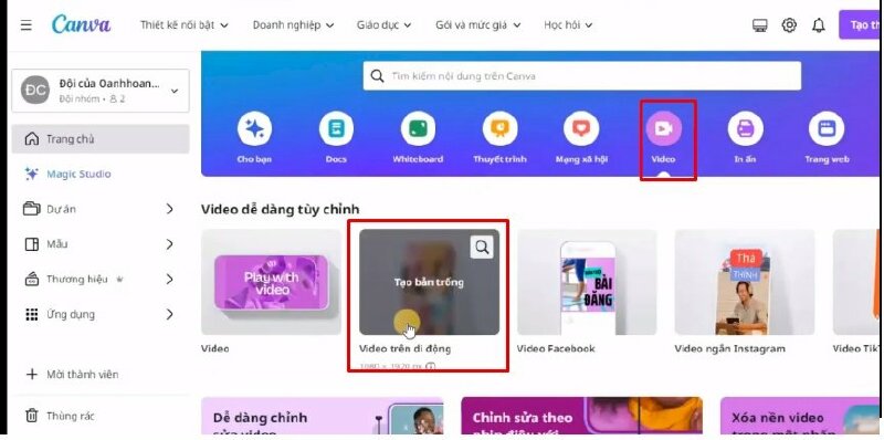 Bước 1: Để thực hiện bạn hãy quay lại trang chủ Canva > Bấm vào video > chọn video trên di động.