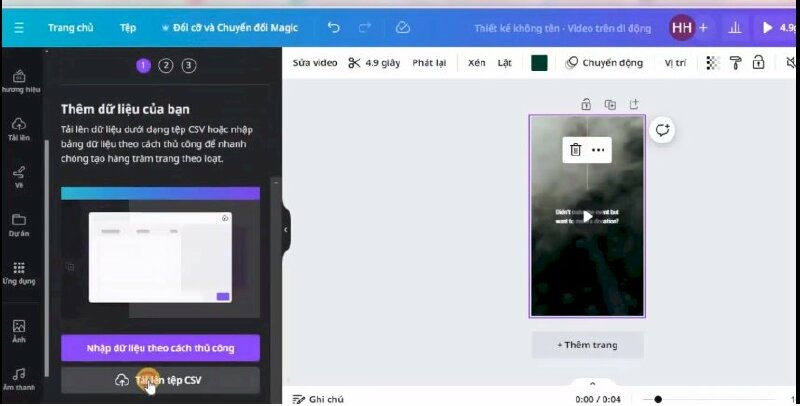 Bước 4: Như vậy dữ liệu của bạn đã được tải lên > để kết nối dữ liệu hãy bấm vào phần văn bản > bấm vào Thêm > chọn Kết nối dữ liệu > Bấm Tiếp tục > Tạo thiết kế. 