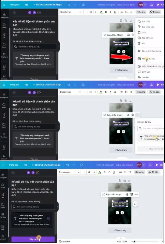 Bước 4: Như vậy dữ liệu của bạn đã được tải lên > để kết nối dữ liệu hãy bấm vào phần văn bản > bấm vào Thêm > chọn Kết nối dữ liệu > Bấm Tiếp tục > Tạo thiết kế. 