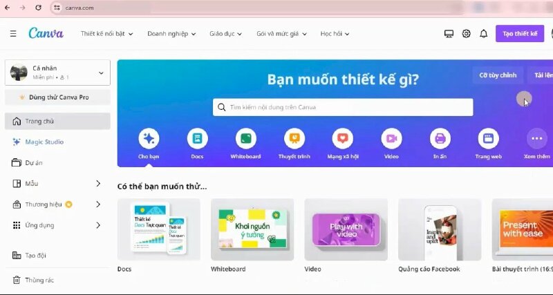 Như các bạn thấy thì dưới đây là giao diện của Canva sau khi đăng nhập
