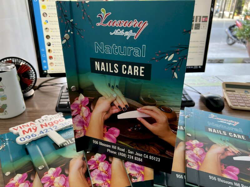 In menu bìa bồi cứng Nails Care khổ A4 đóng ghim inox, hàng gửi đi Mỹ từ TPHCM - VND512