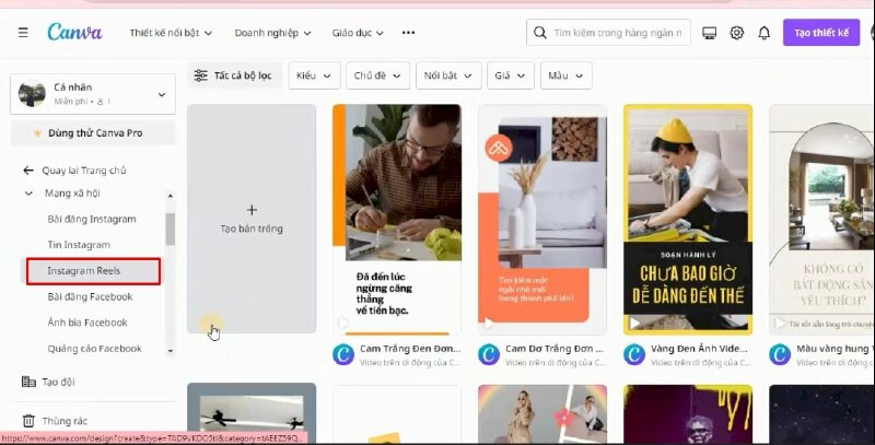 Ví dụ ở đây thì mình muốn xem các mẫu video Instagram Reels thì mình sẽ click vào Instagram Reels.