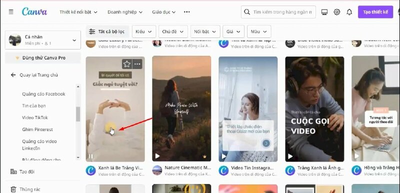 Các bạn có thể thấy kho mẫu video Instagram Reels có sẵn khá đa dạng, nếu như bạn chưa có ý tưởng nào thì có thể xem qua. Chỉ cần để chuột vào video là có thể xem thử video được. 