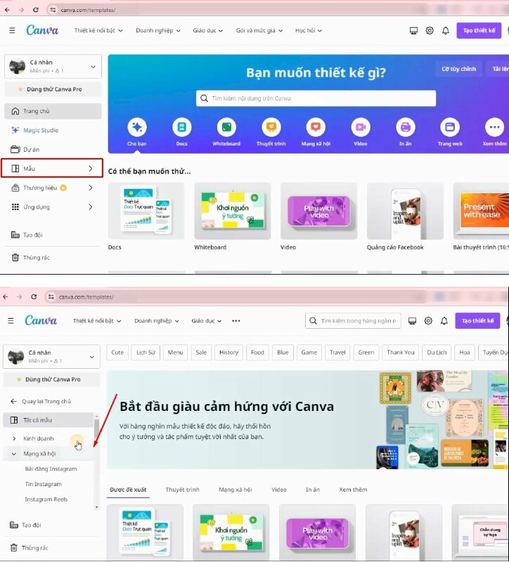 Nếu như các bạn chưa có ý tưởng để thiết kế thì có thể bấm vào Mẫu. Ở đây có khá nhiều mục mẫu với mỗi mục khác nhau thì có khá nhiều mục con, nếu như các bạn muốn tham khảo mẫu nào thì chỉ cần nhấn chuột vào.
