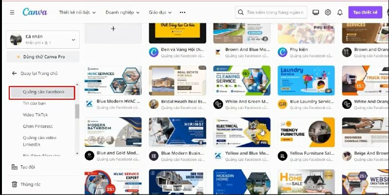 Mình sẽ bấm thử qua mục mẫu Quảng cáo Facebook để xem thử các mẫu có sẵn xem có ý tưởng nào hay không. Ở đây có rất nhiều ý tưởng để các bạn có thể lựa chọn. Khi chọn mẫu bạn sẽ xem được kích thước mẫu quảng cáo ở đây.