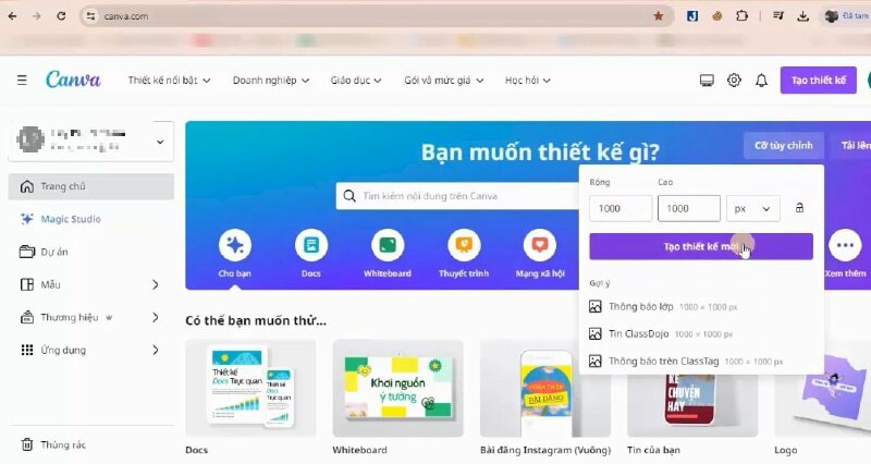 Đầu tiên bạn hãy Truy cập vào canva.com và đăng nhập vào tài khoản Canva của bạn. Sau đó bấm vào cỡ tùy chỉnh, nhập kích thước 1000 x 1000 px vào và bấm Tạo thiết kế mới. Canva sẽ mở trình chỉnh sửa để bạn bắt đầu thiết kế.