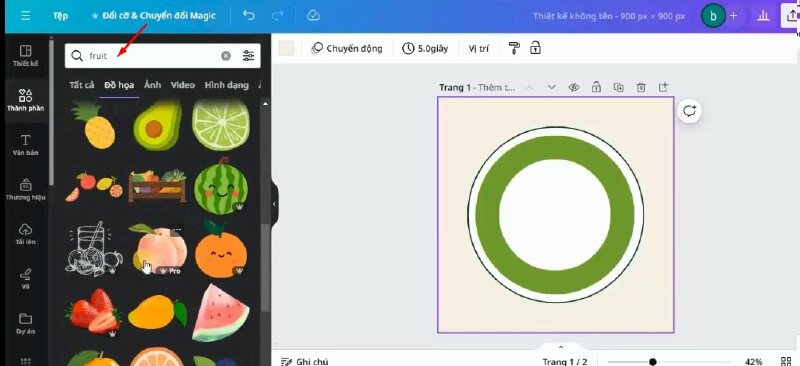 Sau đó mình sẽ vào thành phần và tìm kiếm từ khóa "fruit". Bấm qua mục đồ họa. Tại đây có rất nhiều hình trái cây, bạn hãy chọn hình trái cây mà bạn thích để thêm vào thiết kế.