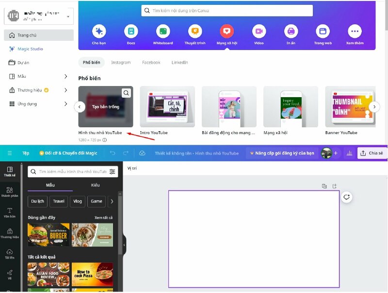 Như Hình thu nhỏ Youtube (Youtube Thumbnail)sẽ có kích thước là 1280 x 720, khi mình bấm vào Canva sẽ mở trình chỉnh sửa, tại đây có thể thực hiện thiết kế trên trang này, đến khi tải xuống thì nó sẽ đúng chuẩn với kích thước hình thu nhỏ của video YouTube. 