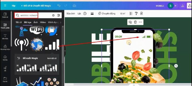 Tìm kiếm từ khóa "wireless network", chọn mẫu thêm vào thiết kế, thực điều chỉnh như thế này.