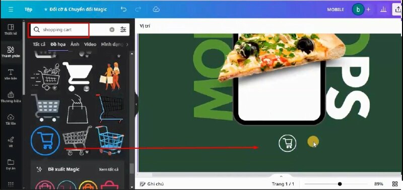 Sau đó sẽ tìm kiếm từ khóa "shopping cart", chọn mẫu để thêm vào thiết kế, kéo điều chỉnh kích thước nhỏ lại và di chuyển xuống đây, đổi màu thành màu trắng. 