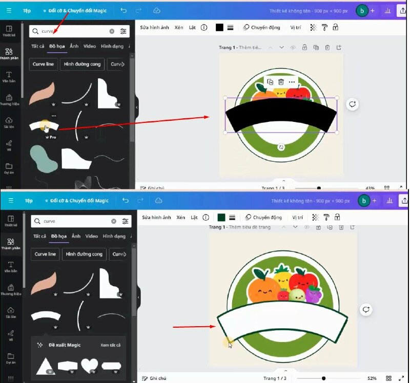 Tiếp theo vào mục Thành phần và tìm kiếm từ khóa "curve". Và chọn mẫu này để thêm vào thiết kế, rồi thực hiện điều chỉnh như thế này. 
