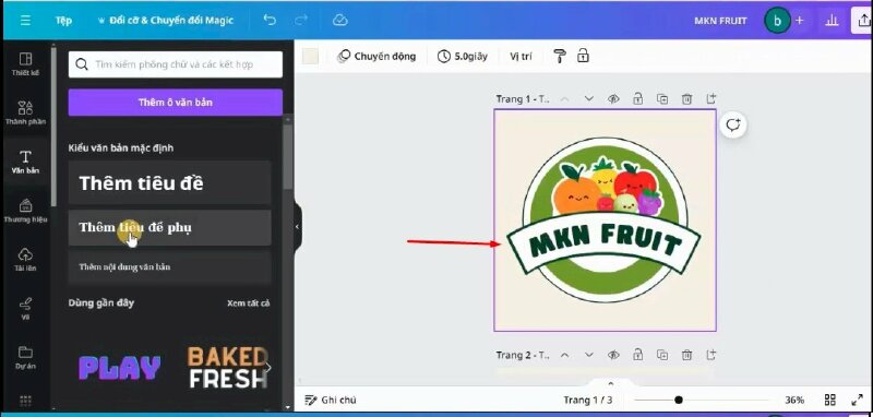 Tiếp theo mình sẽ bấm vào Văn bản, chọn Thêm tiêu đề, thực hiện nhập tên shop trái cây vào, Rồi đổi thành phông chữ Hit and run, đổi màu chữ #0C4627, cỡ chữ. Sau đó vào hiệu ứng, kéo xuống phần hình dạng, chọn uốn cong, và kéo điều chỉnh góc uốn tại đây, sao cho phù hợp.