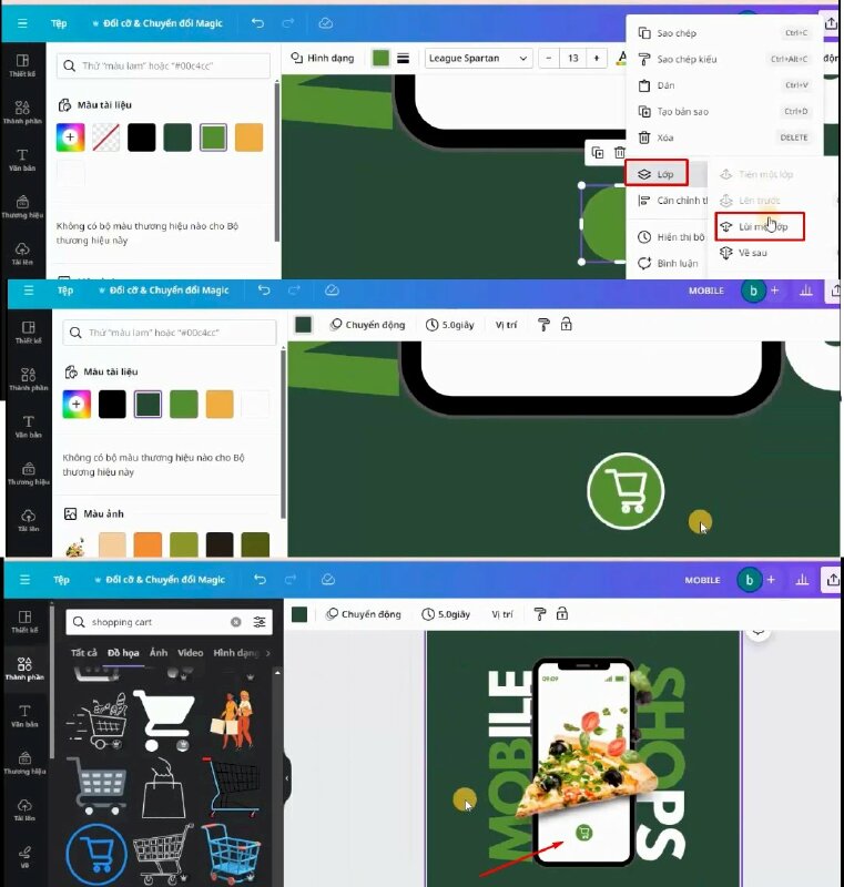 Tiếp đến nhấn chuột phải, chọn lớp, và bấm vào lùi 1 lớp. Rồi mình sẽ nhóm chúng lại với nhau và di chuyển đến vị trí này.