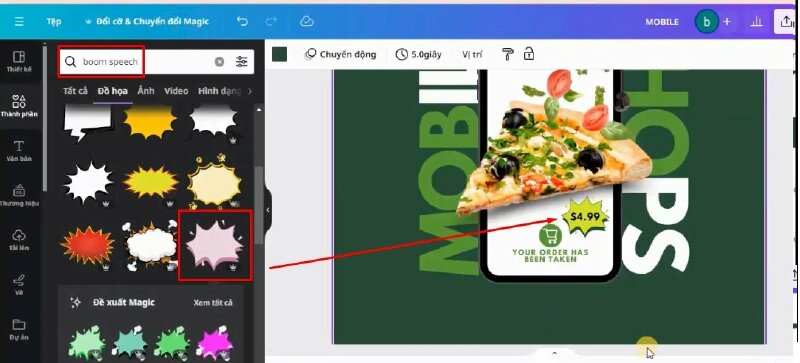 Mình sẽ vào mục thành phần và tìm kiếm từ khóa "boom speech", chọn mẫu này để thêm vào thiết kế và thực hiện điều chỉnh rồi ghi thêm giá sản phẩm vào. 