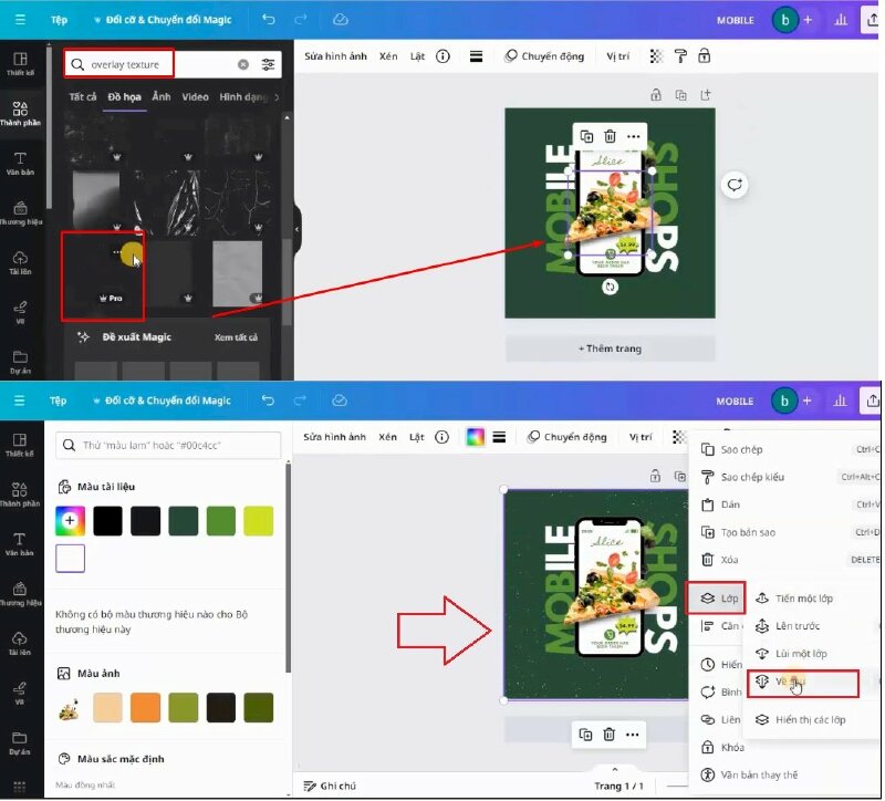 Tiếp theo mình sẽ vào mục thành phần và tìm kiếm từ khóa "overlay texture", chọn mẫu để thêm vào thiết kế và thực hiện điều chỉnh như sau.