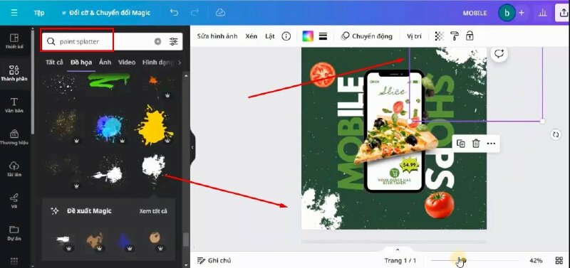 Sau đó mình sẽ vào mục thành phần và tìm kiếm từ khóa "paint splatter", chọn mẫu này để thêm vào thiết kế và thực hiện điều chỉnh như sau.