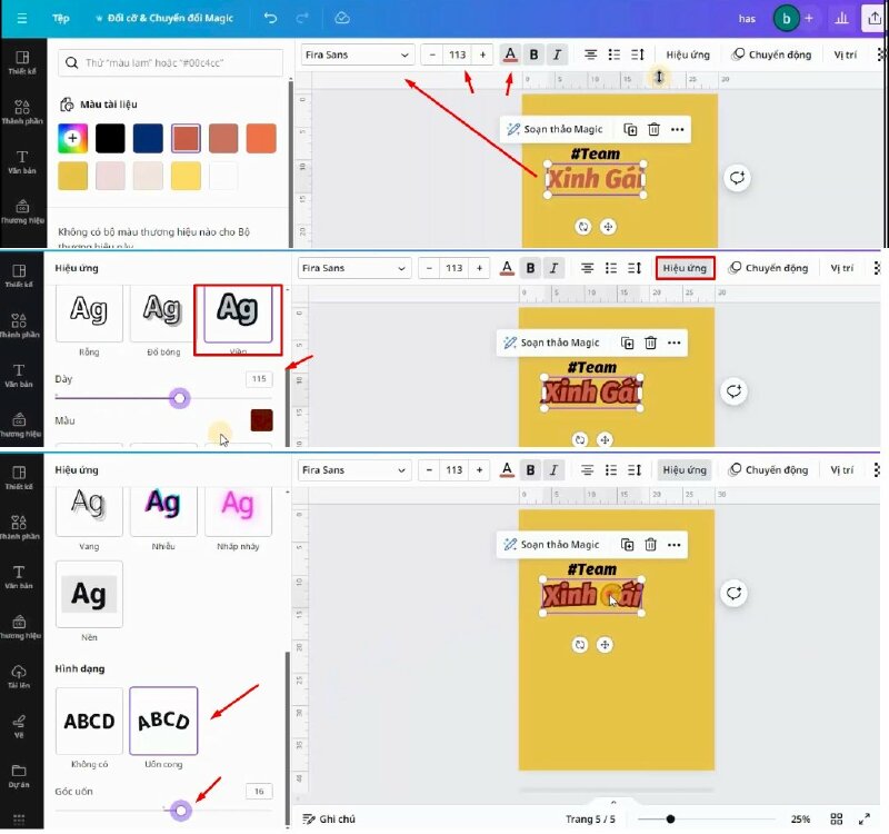 Rồi bạn hãy bấm nhân đôi nó lên, đổi nội dung, đổi màu chữ, tăng kích cỡ chữ lên. Bấm vào hiệu ứng, chọn hiệu ứng viền chữ, tăng độ dày viền chữ lên. Rồi kéo xuống đây, chọn uốn cong, và điều chỉnh góc uốn. 
