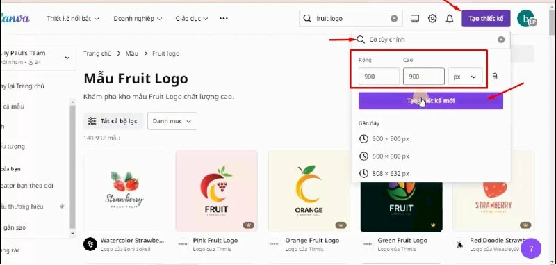 Còn nếu các bạn muốn tự thiết kế logo thì các bạn hãy bấm vào Tạo thiết kế > Cỡ tùy chỉnh, nhập kích thước vào và bấm Tạo thiết kế mới. Canva sẽ mở trình chỉnh sửa để bạn bắt đầu thiết kế.