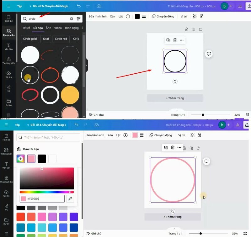 Bạn hãy vào mục Thành phần và tìm kiếm từ khóa "circle". Rồi bấm qua mục Đồ họa và chọn đường tròn này để thêm vào thiết kế. Và kéo cho nó to ra và điều chỉnh nó nằm giữa. Tiếp đến thực hiện đổi màu đường tròn thành màu hồng #FE96BA.