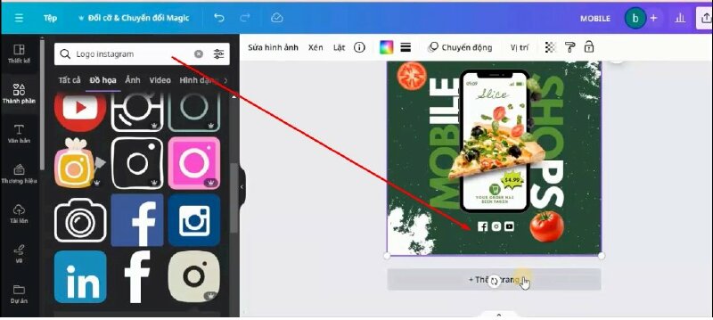 Cuối cùng mình sẽ tìm kiếm các các từ khóa "facebook", "Instagram", "Youtube" và thêm vào thiết kế, và điều chỉnh như thế này. 