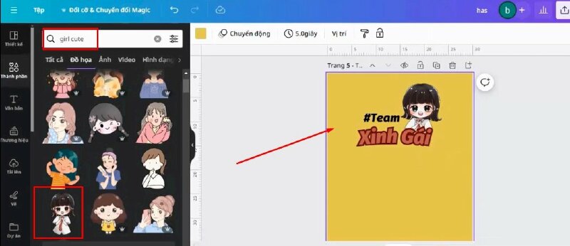 Tiếp đến hãy vào mục Thành phần và tìm kiếm từ khóa "girl cute". Rồi bấm qua mục Đồ họa và chọn hình mà bạn thích để thêm vào thiết kế, giả sử mình sẽ chọn hình này. Và kéo điều chỉnh như thế này.