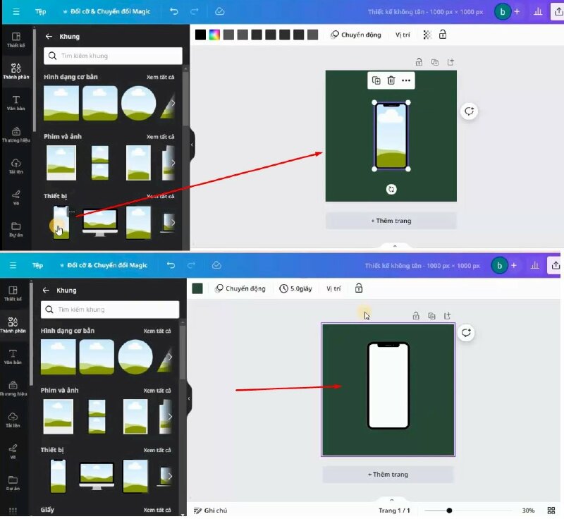 Vào mục Thành phần, kéo xuống phần khung, bấm vào xem tất cả và chọn khung điện thoại này thêm vào thiết kế. Đổi màu màn hình điện thoại thành màu trắng.