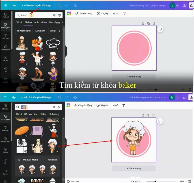 Tiếp đến sẽ tìm kiếm từ khóa "baker". Tại đây sẽ có rất nhiều hình ảnh để bạn lựa chọn, mình sẽ chọn hình này, rồi kéo điều chỉnh cho phù hợp.