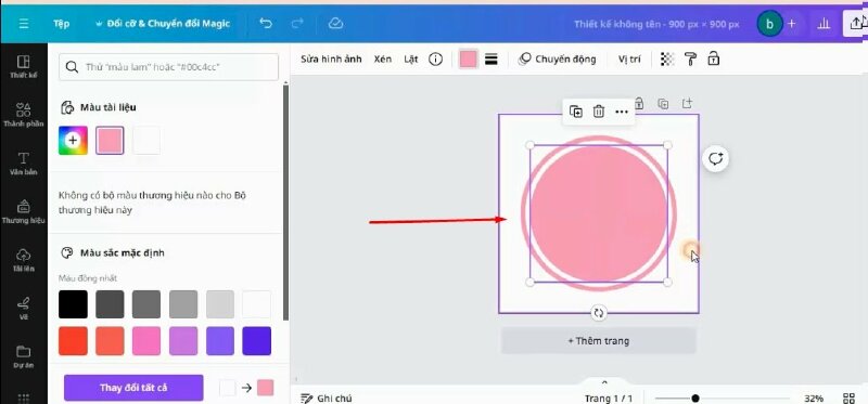 Sau đó sẽ chọn thêm hình tròn vào thiết kế. Rồi kéo hình tròn to ra như thế này. Và cũng thực hiện đổi màu thành màu hồng #FE96BA