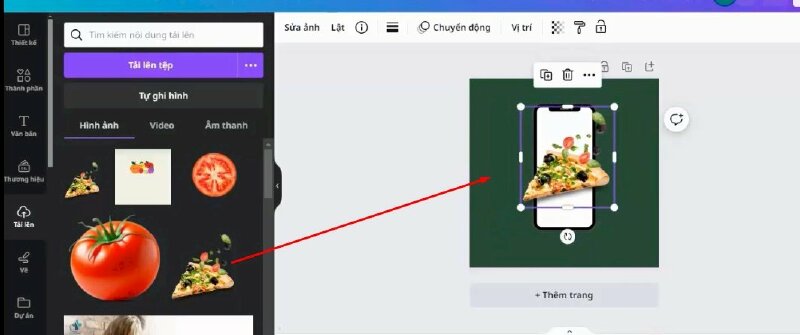 Tiếp theo thực hiện thêm hình miếng Pizza này vào thiết kế, và kéo điều chỉnh như thế này. 