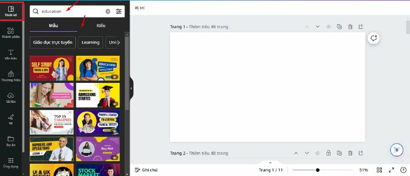 Đầu tiên là mục Thiết kế (Design), ở đây sẽ gợi ý cho bạn các mẫu thiết kế dựa trên kích thước mà bạn tạo. Bạn hãy nhập từ khóa tìm kiếm để tìm mẫu thiết kế.