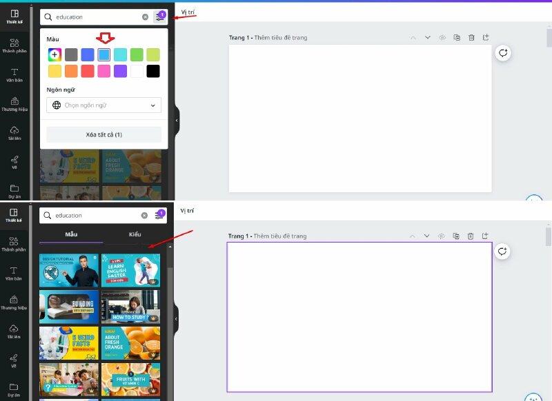 Mình sẽ hướng dẫn cho bạn một mẹo tìm mẫu thiết kế rất là hay. Các bạn hãy bấm vào dấu bộ lọc sẽ có các ô màu, nếu bạn muốn tìm mẫu thiết kế liên quan đến màu gì thì hãy bấm chọn màu đó. Giả sử ở đây mình bấm chọn màu xanh này, thì ở đây sẽ ra các mẫu thiết kế liên quan đến giáo dục có màu xanh mà mình đã chọn.
