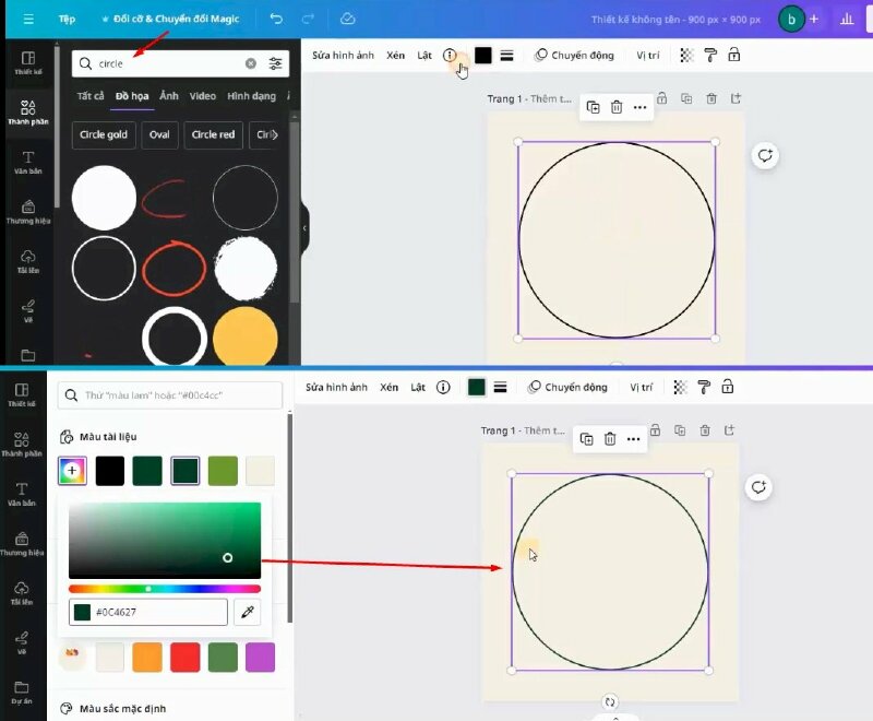Tiếp đến vào mục Thành phần và tìm kiếm từ khóa "circle". Rồi bấm qua mục Đồ họa và chọn đường tròn này. Và kéo cho nó to ra và điều chỉnh nó nằm giữa. Tiếp đến thực hiện đổi màu đường tròn thành màu xanh #0C4627
