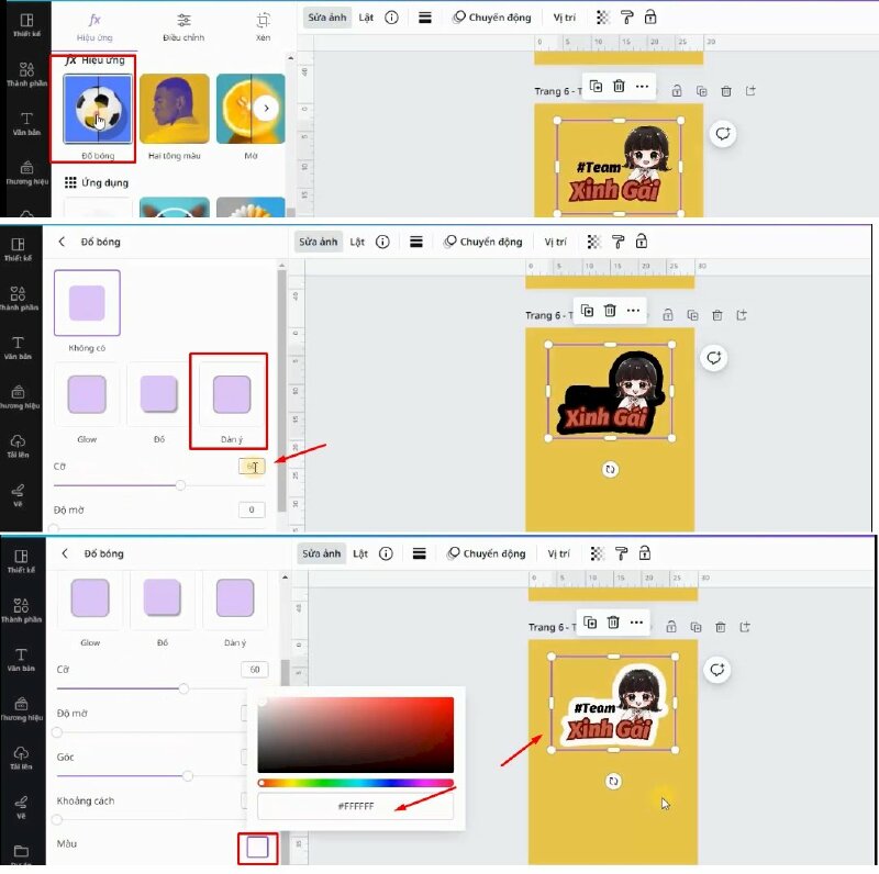  Rồi kéo xuống, bấm vào hiệu ứng đổ bóng, chọn hiệu ứng này và thực hiện điều chỉnh cho phù hợp.