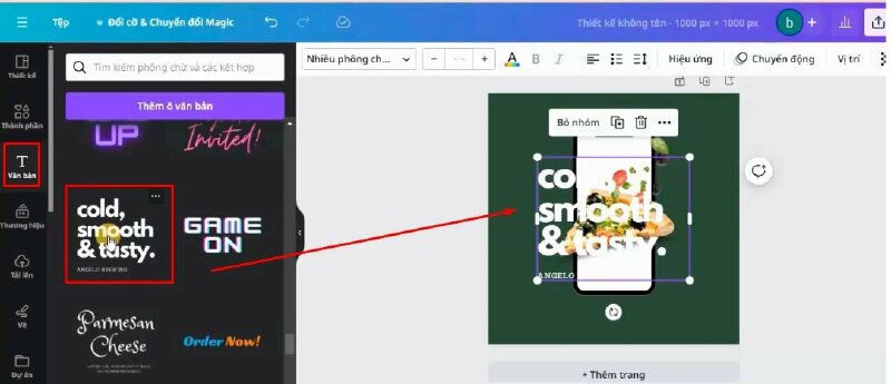 Vào mục văn bản, kéo xuống, và chọn mẫu văn bản này.