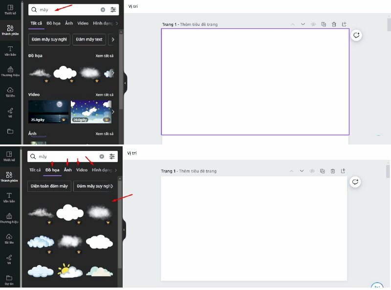 Ở đây bạn có thể nhập từ khóa tìm kiếm vào đây, hoặc dưới này có nhiều từ khóa gợi ý để bạn tìm kiếm, thì canva sẽ có rất nhiều mẫu để bạn lựa chọn. Bạn có thể bấm vào từng mục ở đây để xem. Nếu bạn thích mẫu nào thì chỉ cần bấm chọn để thêm vào thiết kế.