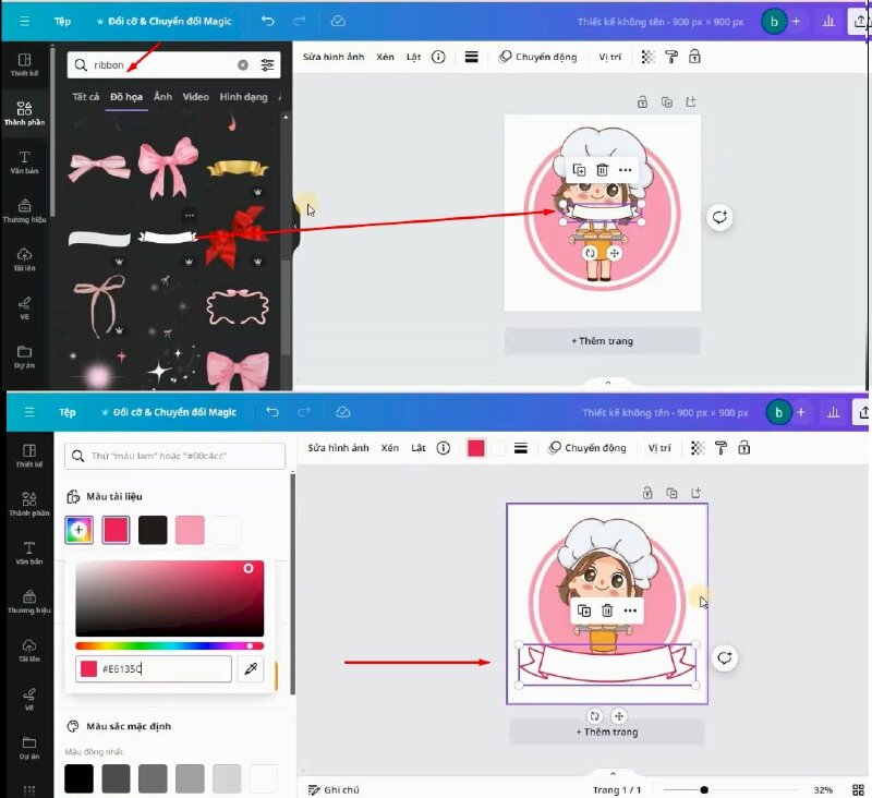 Tiếp theo mình sẽ tìm kiếm từ khóa "ribbon". Chọn mẫu này thêm vào thiết kế, kéo điều chỉnh kích thước, rồi thực hiện đổi màu.