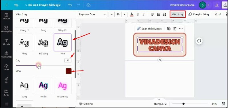 Sau đó hãy bấm vào hiệu ứng và chọn hiệu ứng viền chữ. Điều chỉnh độ dày mỏng của viền và đổi màu viền thành màu trắng.