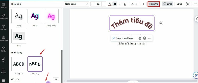 Để thực hiện uốn công văn bản bạn hãy chọn phần uốn cong (curve) ở mục hình dạng (shape)