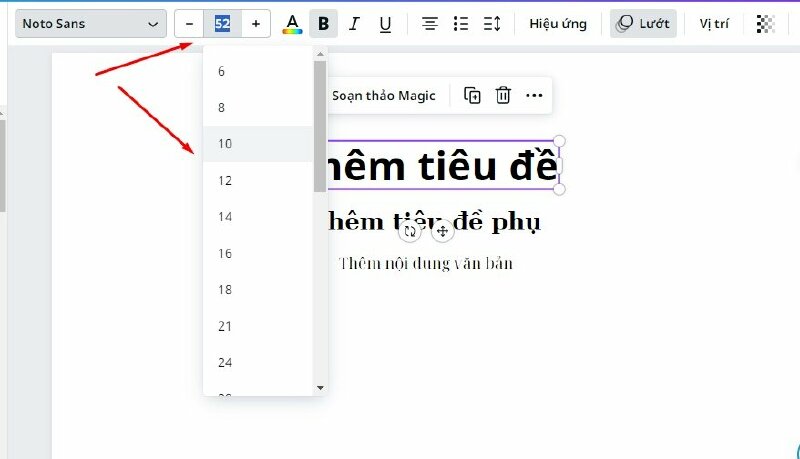 Bấm vào đây để thay đổi kích thước, có thể chọn các kích thước có sẵn hoặc nhập kích thước vào đây. 