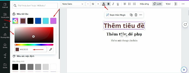 Bấm vào Màu chữ để thay đổi màu chữ, có thể chọn các màu cơ bản ở đây hoặc bấm vào ô dấu cộng để chọn màu chữ mà bạn muốn hoặc cũng có thể dán code màu chữ vào đây. 