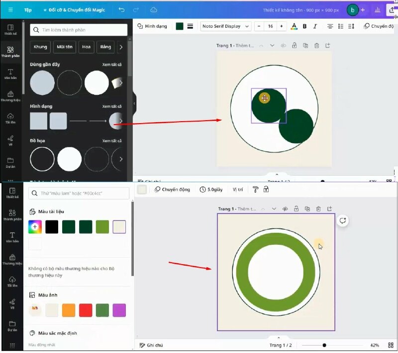 Tiếp đến mình sẽ bấm thêm 2 hình tròn vào thiết kế, rồi thực hiện điều chỉnh như thế này.