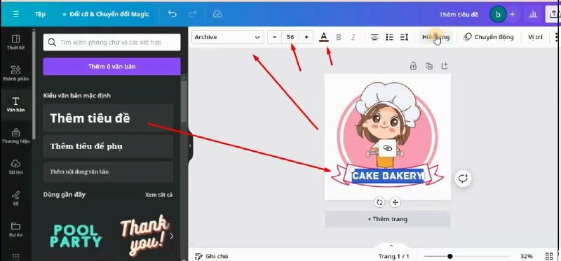 Tiếp theo mình sẽ bấm vào Văn bản > chọn Thêm tiêu đề, thực hiện nhập tên tiệm bánh ngọt vào > Rồi đổi phông chữ Archive, đổi màu chữ #753E2B, cỡ chữ.