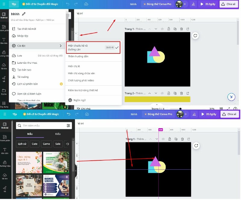 Hiện thước kẻ và đường căn: khi bạn bấm vào đây thì nó sẽ hiện thước kẻ. Để thực hiện thêm đường căn vào thiết kế, thì hãy đặt chuột vào thước, và kéo đường căn từ thước kẻ phía trên, hoặc bên trái vào thiết kế. Để tắt thước kẻ và đường căn, thì bạn chỉ cần bấm vào Hiện thước kẻ và đường căn là được.