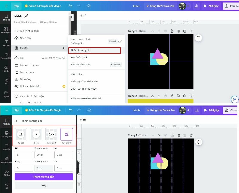 Khi bấm vào Thêm hướng dẫn, thì canva sẽ tự động thêm các đường căn vào. ở đây có các loại đường căn mặc định gồm : 12 cột, 3 cột, lưới 3x3. Hoặc bấm vào Tùy chỉnh, nếu như bạn cần một số lượng hàng và cột đường căn cụ thể.